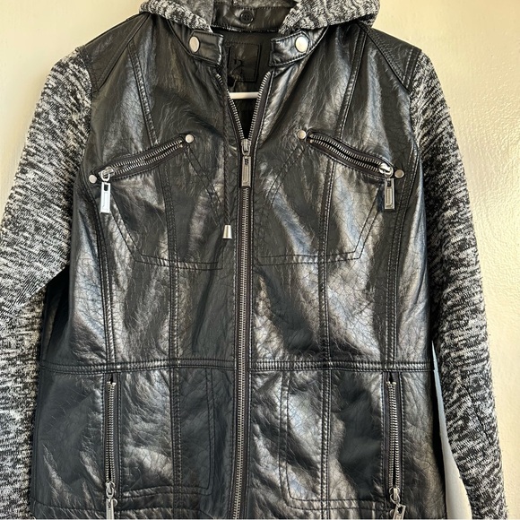 Stylish Black Vegan Moto Leather Jacket w Gray Knit Sleeves and Detachable Hood - Picture 2 of 12